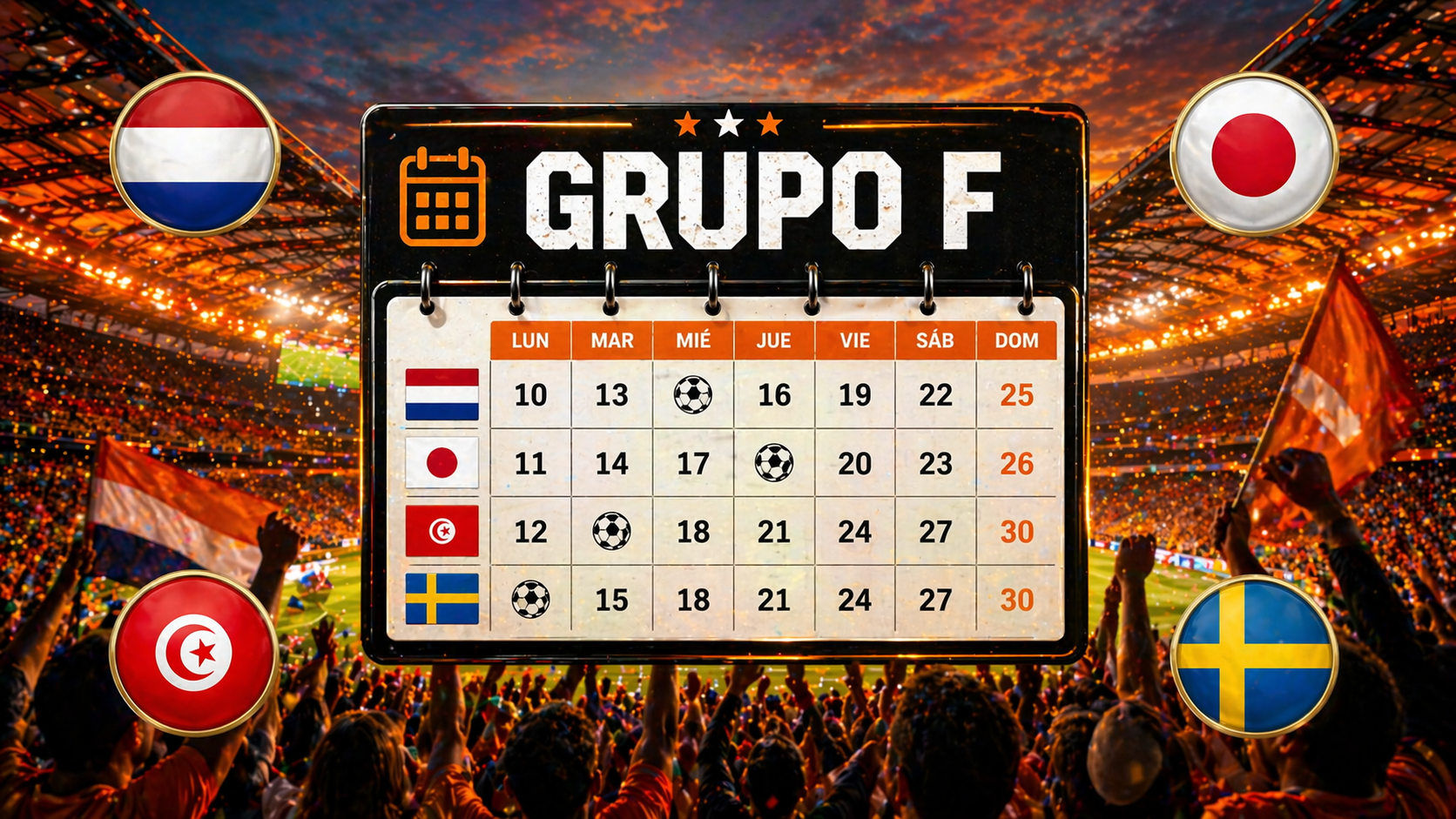 Calendario del Grupo F del Mundial 2026 (horario España)