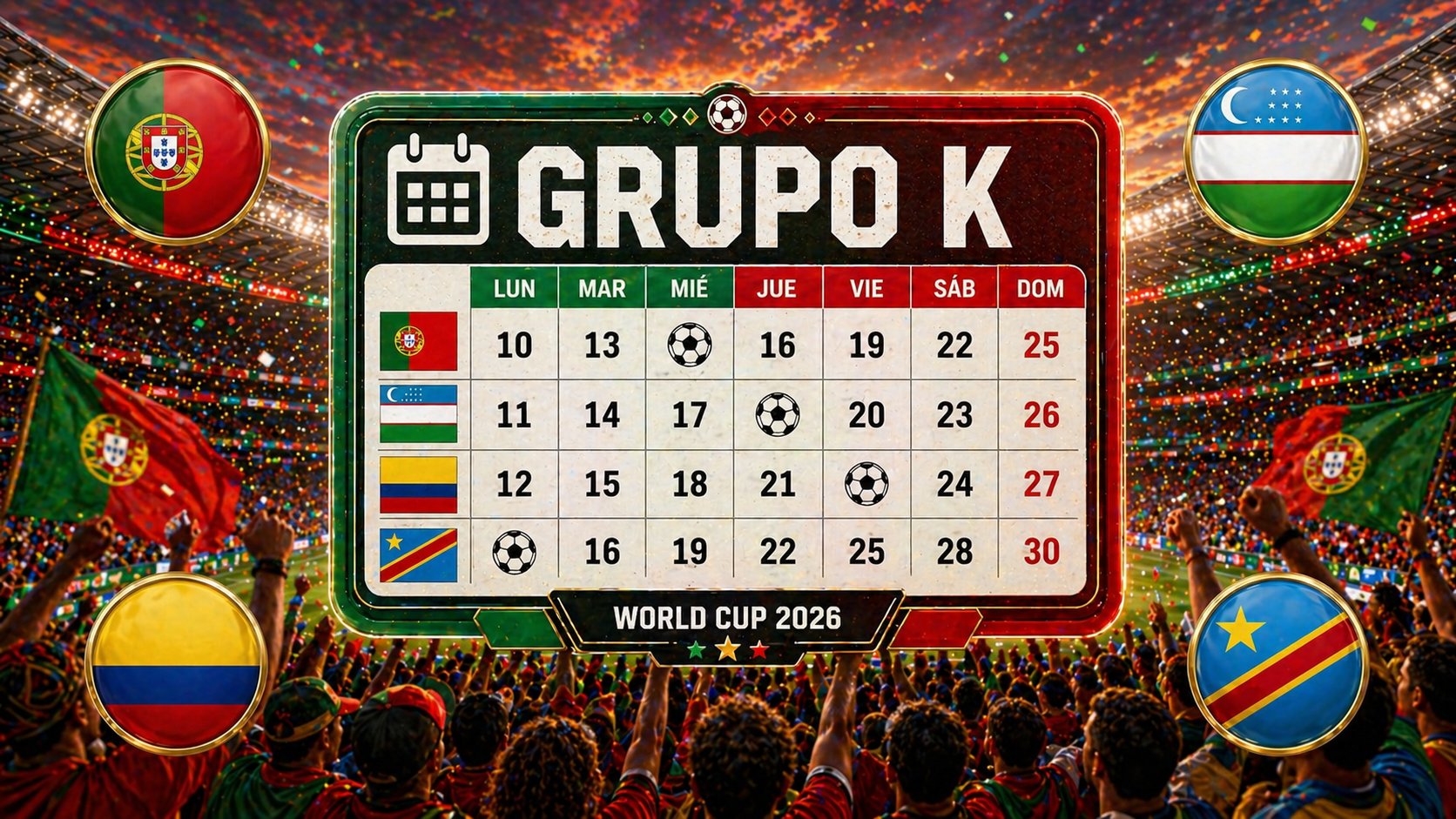 Calendario del Grupo K del Mundial 2026 (horario España)